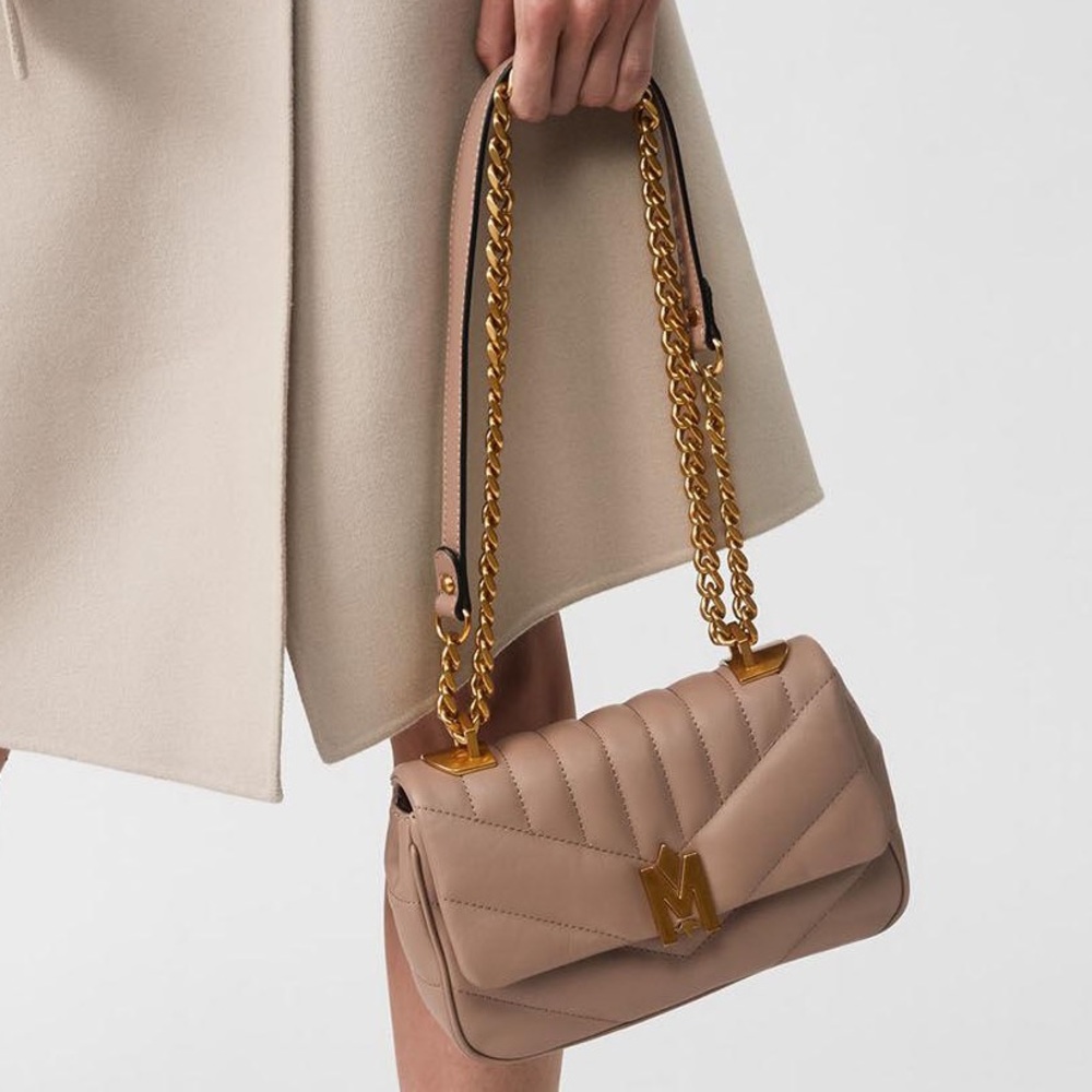 Mackage Quilted Leather Crossbody Bag in Beige with Gold Hardware